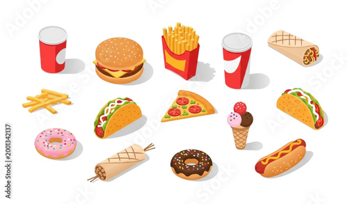 Isometric fast food vector set with burger fries pizza cola hotdog tacos donut and shawarma
