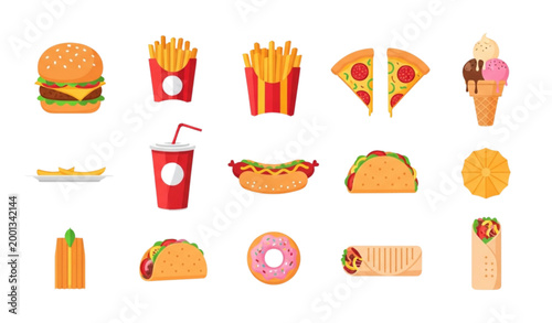 Fast food top view vector set with burger fries pizza ice cream cola hotdog tacos donut and shawarma
Keywords: fastfood, food, meal, burger, fries, pizza,