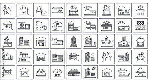 Collection of diverse building icons in a grid layout.