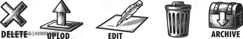 Interface command icons set with delete upload edit trash and archive vintage engraving.