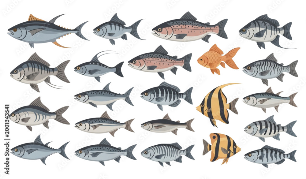 Fototapeta premium Assorted fish vector collection with diverse marine and freshwater species detailed illustration isolated on white background