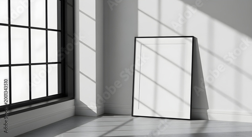 Blank poster board standing in modern room with large window