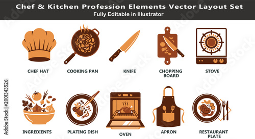 Chef occupation vector icons set, top view cooking symbols, chef hat, pan, knife, stove, ingredients, plating dish flat design