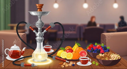 Hookah pipe with fresh fruit and tea on a table representing relaxation and social gathering in a cafe setting