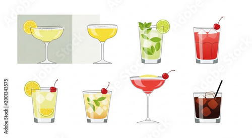 Collection of refreshing cocktail drinks flat vector illustrations for bar menus and summer party invitations isolated on white background