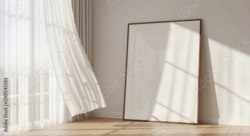 Vector illustration of a blank poster frame in a bright room with a window