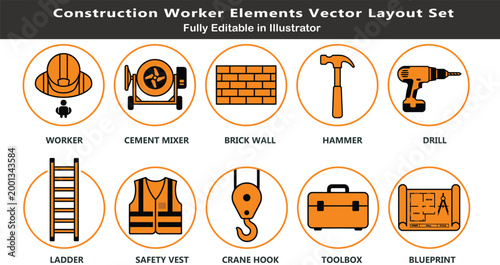 Construction occupation vector icons set, top view builder symbols, hard hat worker, cement mixer, tools, crane hook, blueprint plan flat design