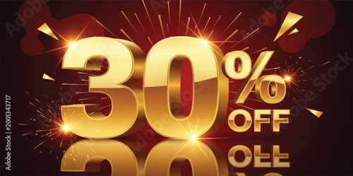 Thirty Percent Off Golden Discount Banner with Luxury Sale Text Sparkle Promotional Vector Background Design