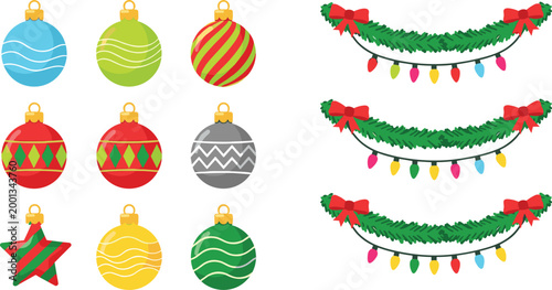 Set of Holiday Decorations Including Christmas Baubles, Star Ornaments, and Christmas Garlands