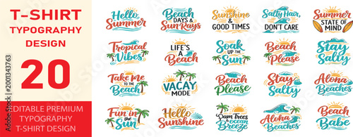Summer and beach themed typography t-shirt designs with sun and waves.