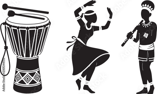 Silhouette vector of  tribal dancers and musicians playing drums.  Drum, Dancer and Flute Player Illustration 