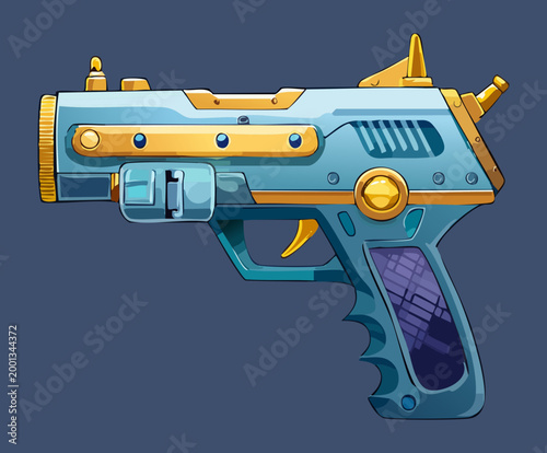 Fotografie Tactical blue laser gun with yellow details for sci-fi mercenary character weapo