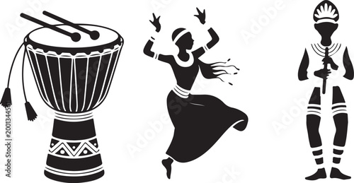Silhouette vector of  tribal dancers and musicians playing drums.  Drum, Dancer and Flute Player Illustration 