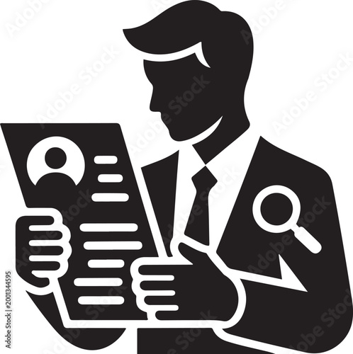 CV review icon. Business, human resource sign. Looking for talent. Search man vector icon. logo Vector Black silhouettes