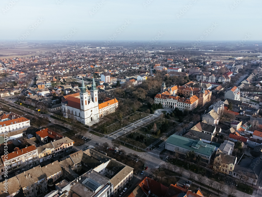 Fototapeta premium Drone view of Sombor town, square and architecture, Vojvodina region of Serbia, Europe