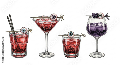 Collection of spooky Halloween cocktails with eyeball garnishes perfect for party invitations and seasonal promotions isolated on white
