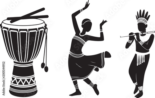 Silhouette vector of  tribal dancers and musicians playing drums.  Drum, Dancer and Flute Player Illustration 