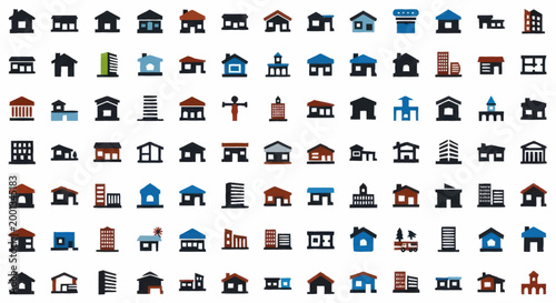 Bild auf Leinwand Collection of diverse building icons representing various architectural styles