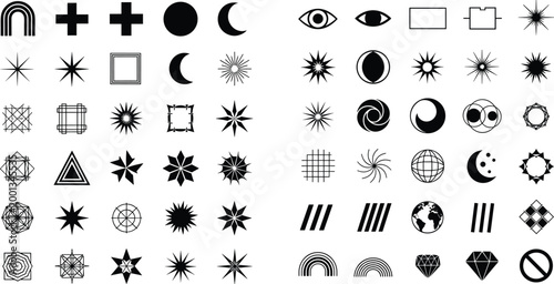Black and White Geometric Symbol Collection, Minimalist Abstract Icons Set, Modern Vector Graphic Elements, Sacred Geometry and Celestial Shapes Illustration, Silhouette