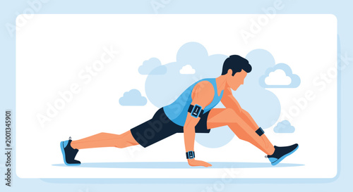 Athletic man in a blue tank top and black shorts performs a deep lunge stretch against a soft blue sky and cloud background.