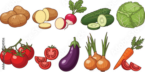 Tablou pe pânză Colorful Vegetable Illustration with Potatoes, Carrots, Eggplants, and Other Fre