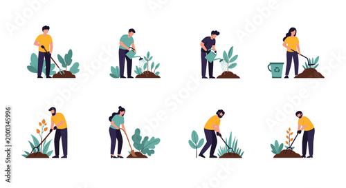 Set of eight colorful illustrations showing various people gardening including watering plants and digging in the soil outside.
