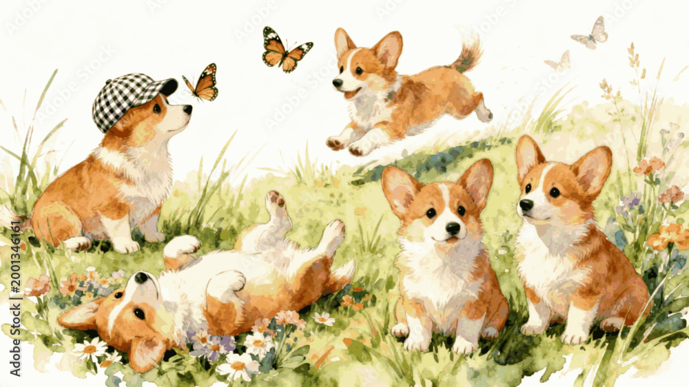 Obraz premium Cute Run Corgi Puppies in Meadow isolated watercolor vector illustration svg