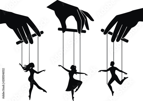 Black and white silhouette illustration of puppet dancers controlled by master hands with strings on white background for control concept,