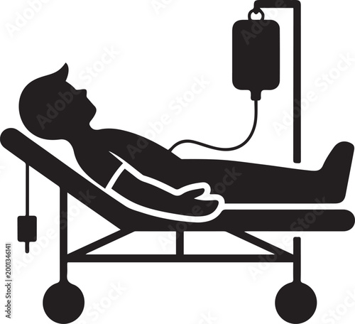 donor lies on a gurney and blood transfusions illustration icon. Medicine icon. Element Patient silhouette icon. logo Vector Black silhouettes