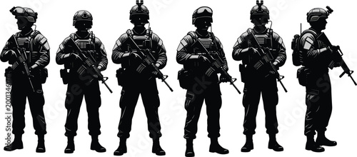 Black and white silhouette illustration of six soldiers in tactical combat gear with rifles standing in line on white background,