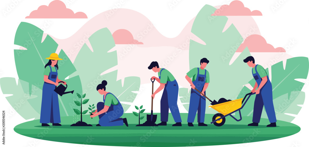 Fototapeta premium Group of People Planting Trees and Gardening in a Green Landscape for Environmental Care