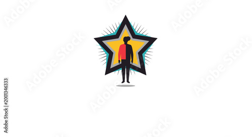 Silhouette of a person standing in front of a large layered star icon with rays of light radiating from behind it on a white backdrop.