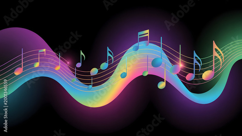 Abstract Musical Notes Wave Flowing with Rainbow Colors on Black Background Digital Art