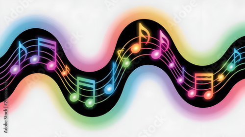 Colorful Music Notes Flowing on Wavy Staff Lines with Rainbow Glow Abstract Sound Wave