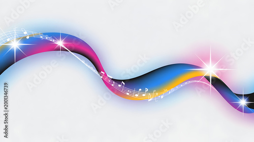 Colorful Music Wave with Notes and Sparkles on White Background Abstract Motion