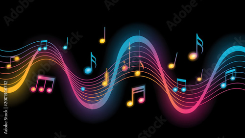 Colorful Music Notes on Wavy Staff with Neon Glow Abstract Sound Wave