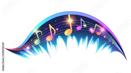 Colorful Musical Notes Flowing on Abstract Soundwave with SparklesDigital Art
