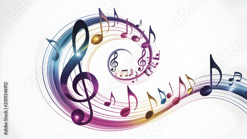 Musical Notes Flowing in Spiral Swirl with Treble Clef Abstract Colorful Sound Wave