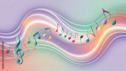 Musical Notes Flowing on Abstract Pastel Waves | Soft Gradient Background | Elegant Design Element