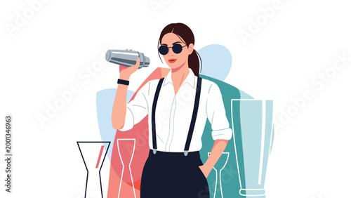Professional female bartender in a white shirt and suspenders confidently holding a shaker to prepare a custom drink at a bar.