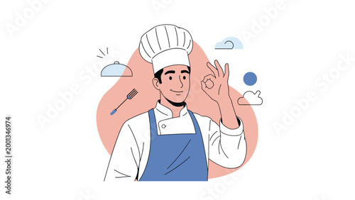 Smiling male chef wearing a white hat and blue apron showing an OK hand gesture to guarantee the quality of his delicious food.