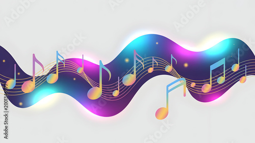 Musical Notes Flowing on Abstract Wave Background with Neon Glow Vibrant Color Palette