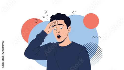 Young man touching his forehead with a shocked and worried expression as if he suddenly remembered a very important forgotten task.