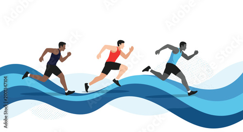 Diverse group of three male runners competing in a race over abstract blue waves representing physical fitness and sportsmanship.