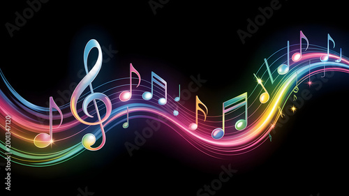 Musical Notes Flowing with Rainbow Light Trails on Black Background