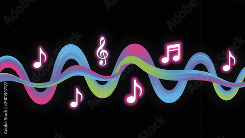 Musical Notes on Colorful Sound Wave Abstract Background Neon Glow Digital Art