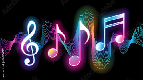 Musical Notes with Neon Glow and Sound Wave Abstract Background Vibrant Color Spectrum Digital Art
