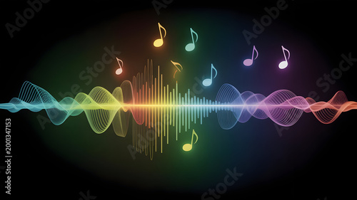 Sound Waveform and Musical Notes Displaying Audio Spectrum and Frequency Colorful Abstract Background Digital Art