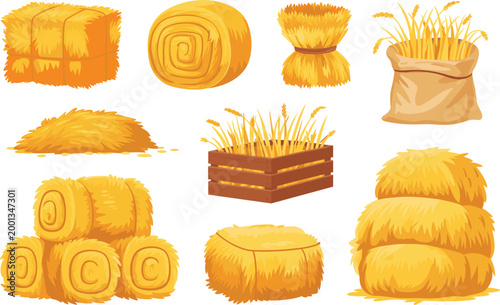 Hay bales straw set, farm harvest collection with wheat bundles stacks and rustic agriculture elements