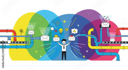 Conceptual illustration of a worker managing an automated email delivery system with envelopes flowing through colorful pipelines.
